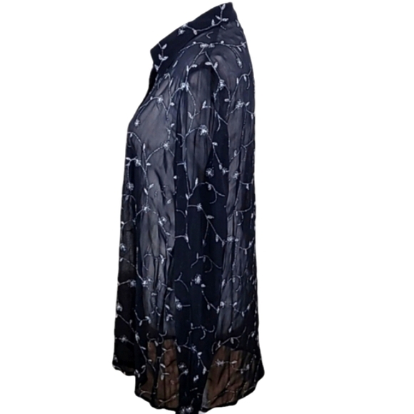 NY & CO Blouse Black Sheer Mesh Silver Metallic Floral Embroidery Button Front - Picture 7 of 13